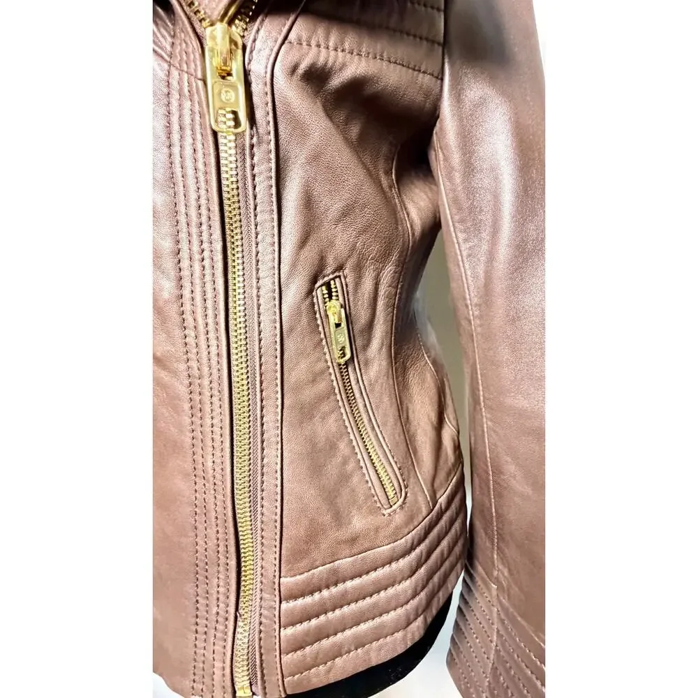 MK Michael Kors Brown Genuine Leather Moto Jacket Asymmetric Zip Knit Coll